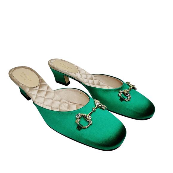 NIB Gucci Horsebit Crystals Satin Mules 36.5 US 6.5 Slip On Emerald Green Sandal - Picture 1 of 15